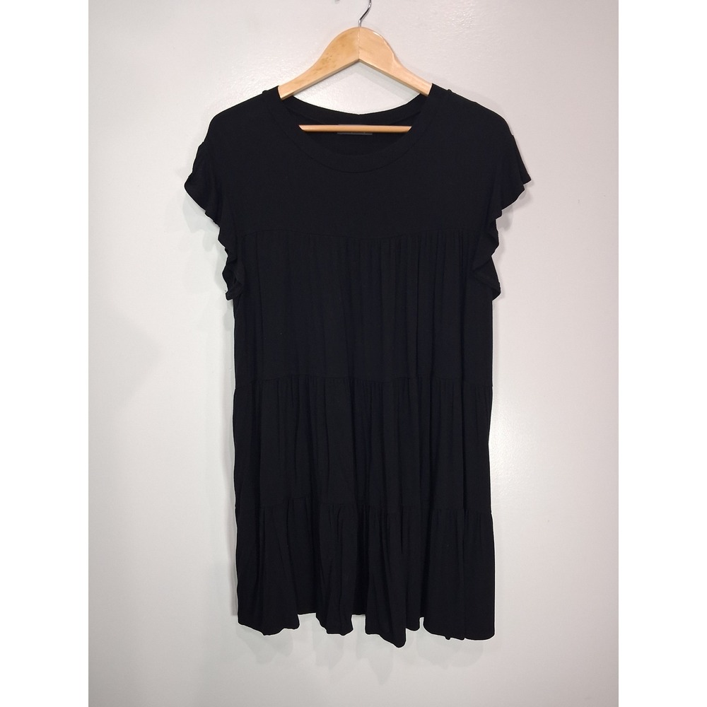 Charlotte Avery Black Tiered Babydoll Mini Dress Ruffle Cap Sleeve Small USA
